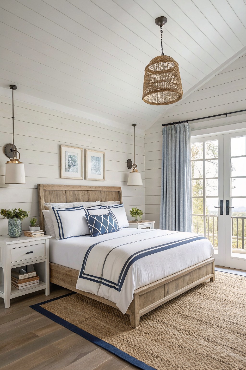 Bedroom with white shiplap walls, wooden bed frame, navy and white bedding, and seagrass rug on hardwood floors