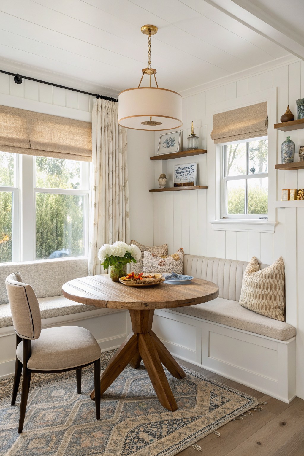 Breakfast nook with crisp white shiplap walls, round wood table, beige banquette, pillows, and large windows overlooking trees