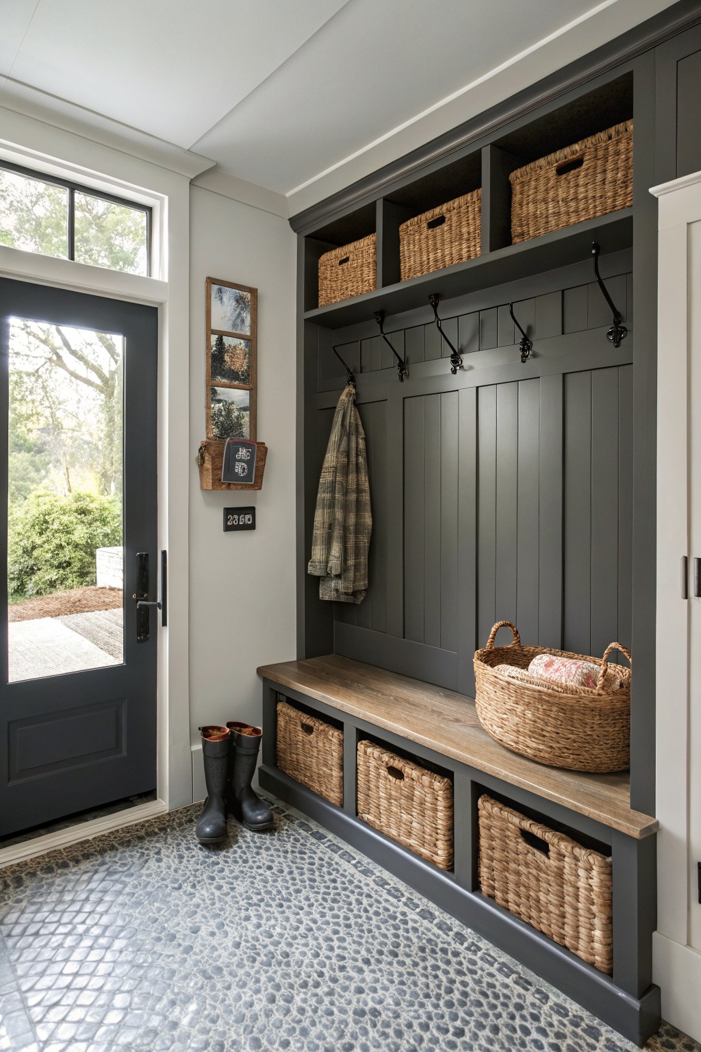 Mudroom with dark gray built-in cabinetry and paneling, wood bench storage with wicker baskets, coat hooks holding jackets, rain boots on the floor, and an open front door to a wooded yard.