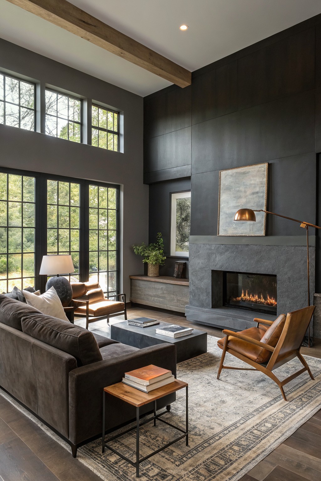 Cozy modern living room featuring deep charcoal gray walls, exposed wood beams, a stone fireplace, leather chairs, and large windows overlooking greenery