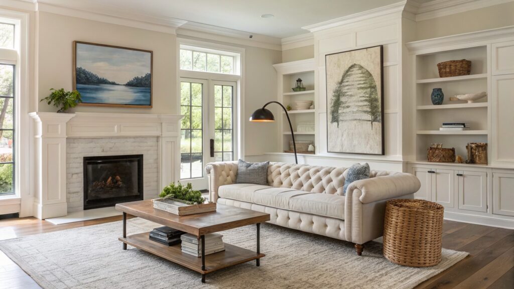 Cozy living room with warm off-white walls, tufted white sofa, marble fireplace, and large windows overlooking trees