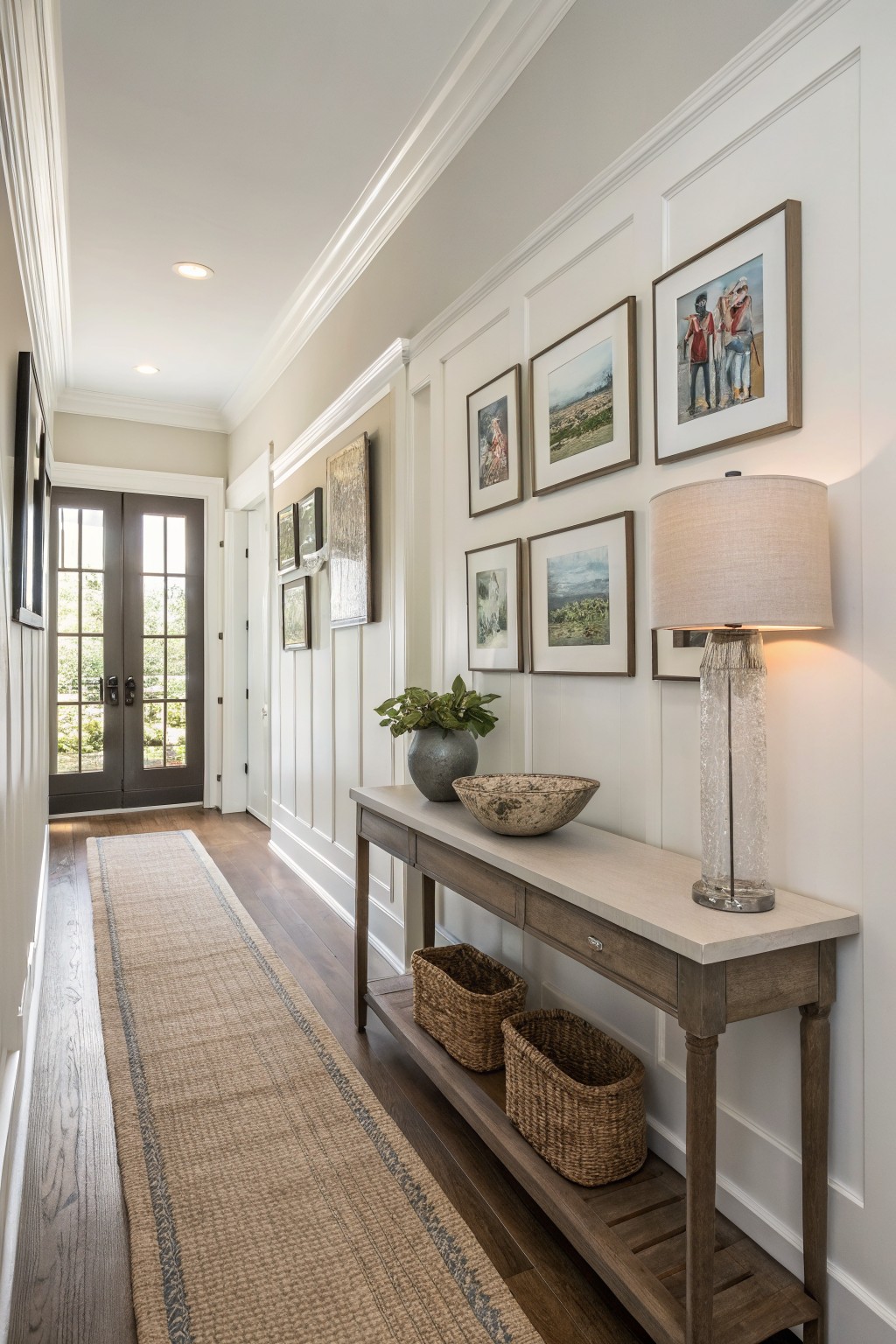 Bright hallway with soft warm white board-and-batten walls, wood console table holding baskets and a bowl, gallery of framed photos, and a textured glass lamp.