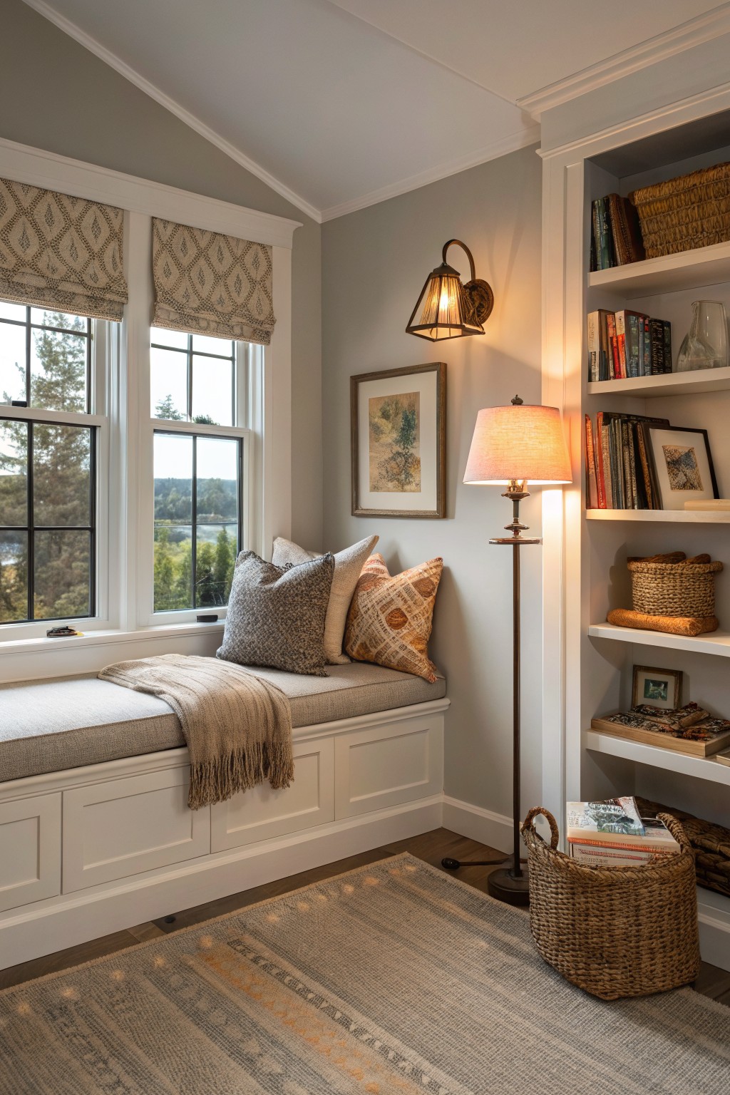 Cozy reading nook with light greige walls, window seat, bookshelves, pillows, and soft lighting
