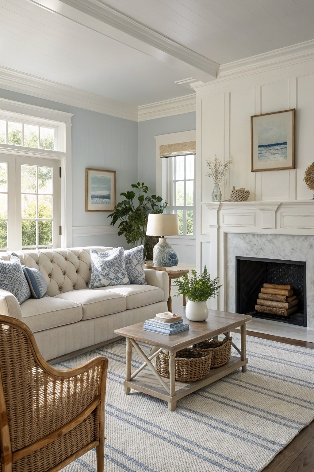 Light blue wall in a coastal-style living room with white sofa, rattan chair, wood coffee table, and marble fireplace
