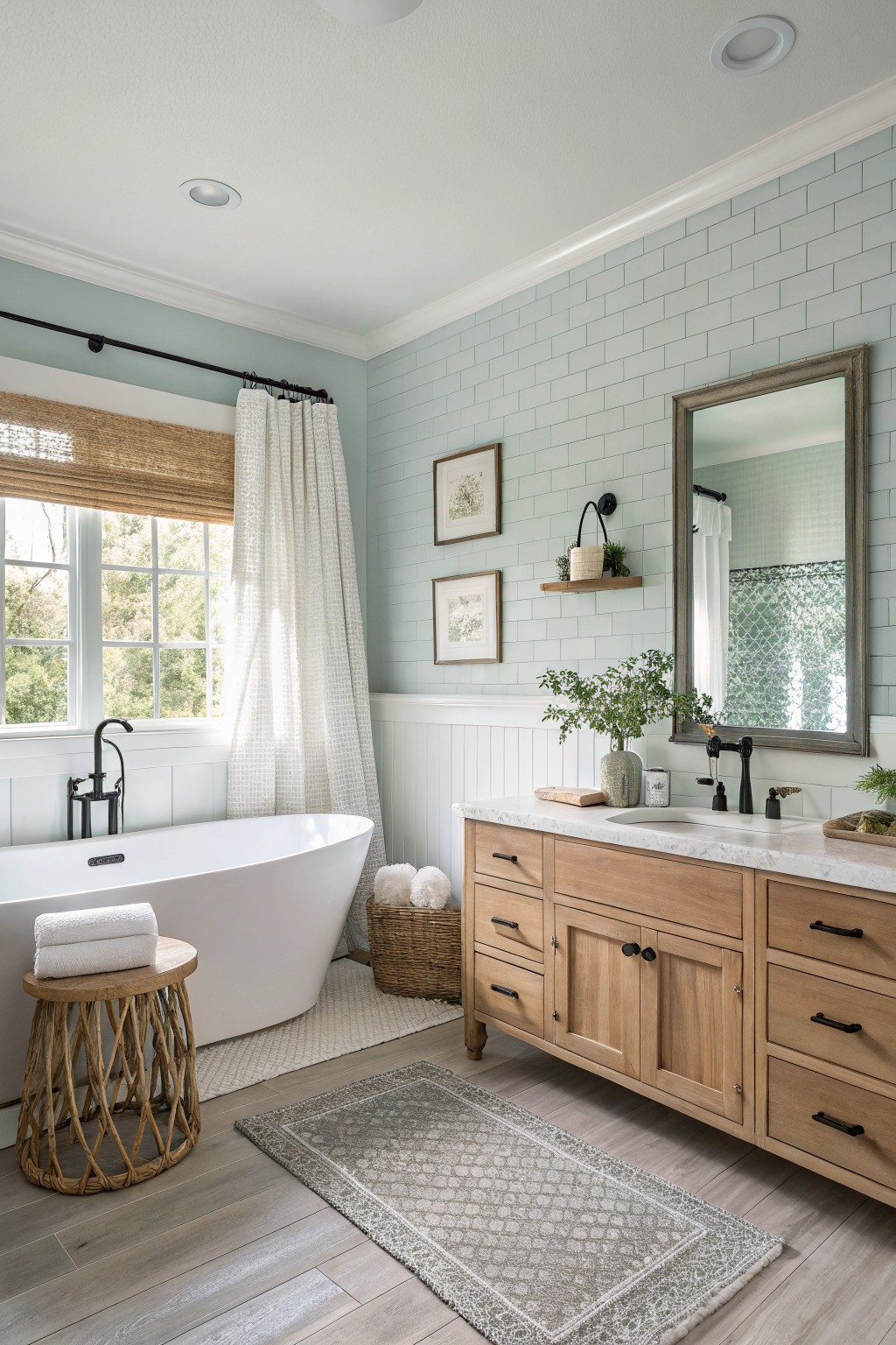 Serene bathroom featuring pale green subway tile walls, freestanding white tub, wooden vanity with marble top, and natural wood accents