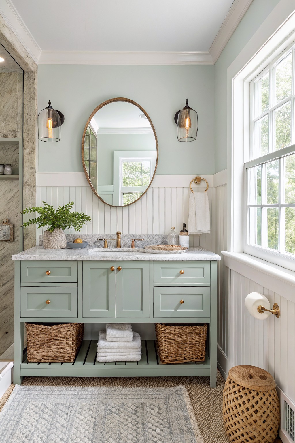 Bathroom featuring pale green walls with white wainscoting, matching seafoam green vanity cabinets, gold-framed round mirror, potted plants, and woven accents