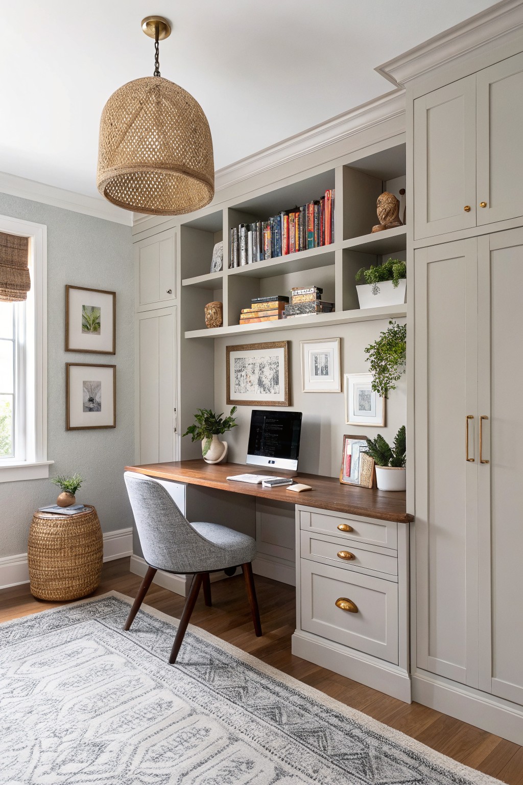 Home office with soft greige built-in cabinets and shelving, wooden desk, plants, rattan pendant light, and pale blue-gray walls