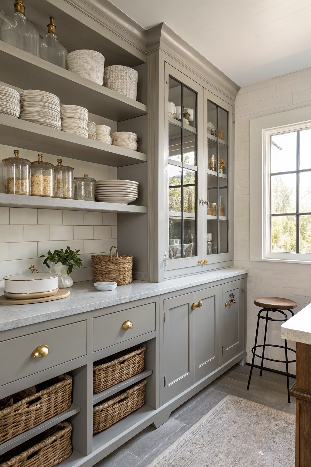 Cozy kitchen pantry featuring soft greige cabinets with brass hardware, open shelving with dishes and baskets, white subway tile, and a wood stool against a white brick wall.