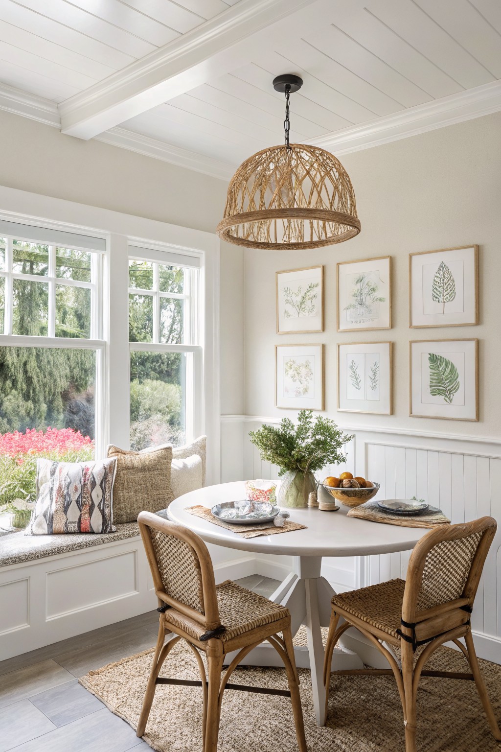 Light greige walls in a sunny breakfast nook with rattan chairs, white round table, window seat, and botanical art