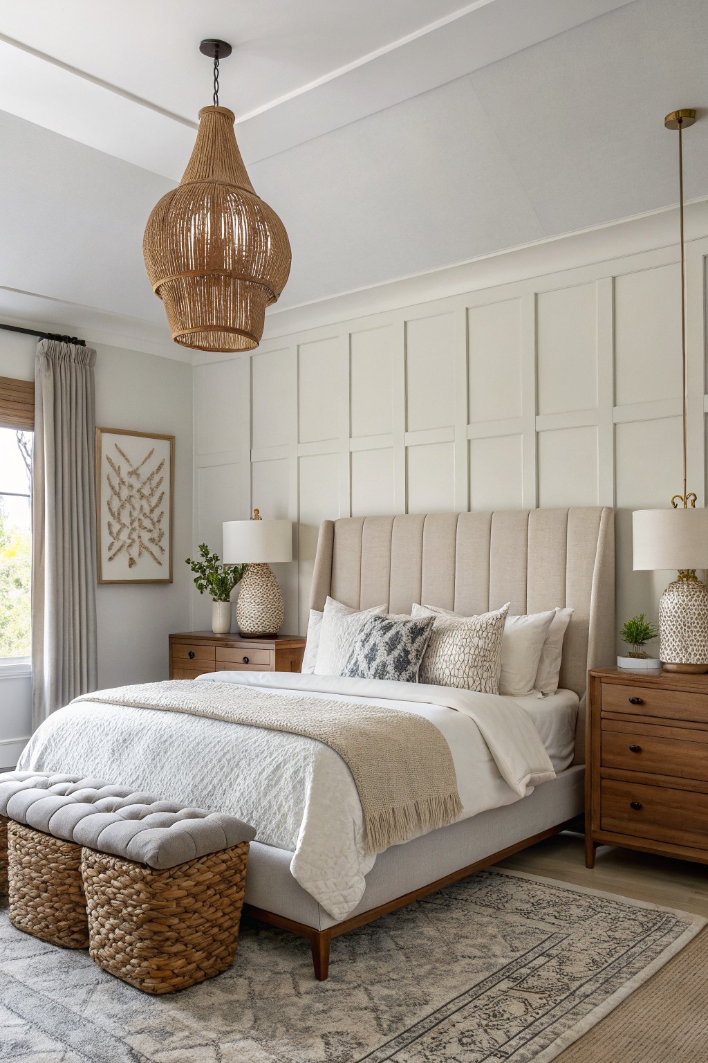 Bedroom with soft greige board-and-batten accent wall behind a beige tufted bed, flanked by wood nightstands with textured lamps, rattan pendant light overhead, and neutral rug on hardwood floor
