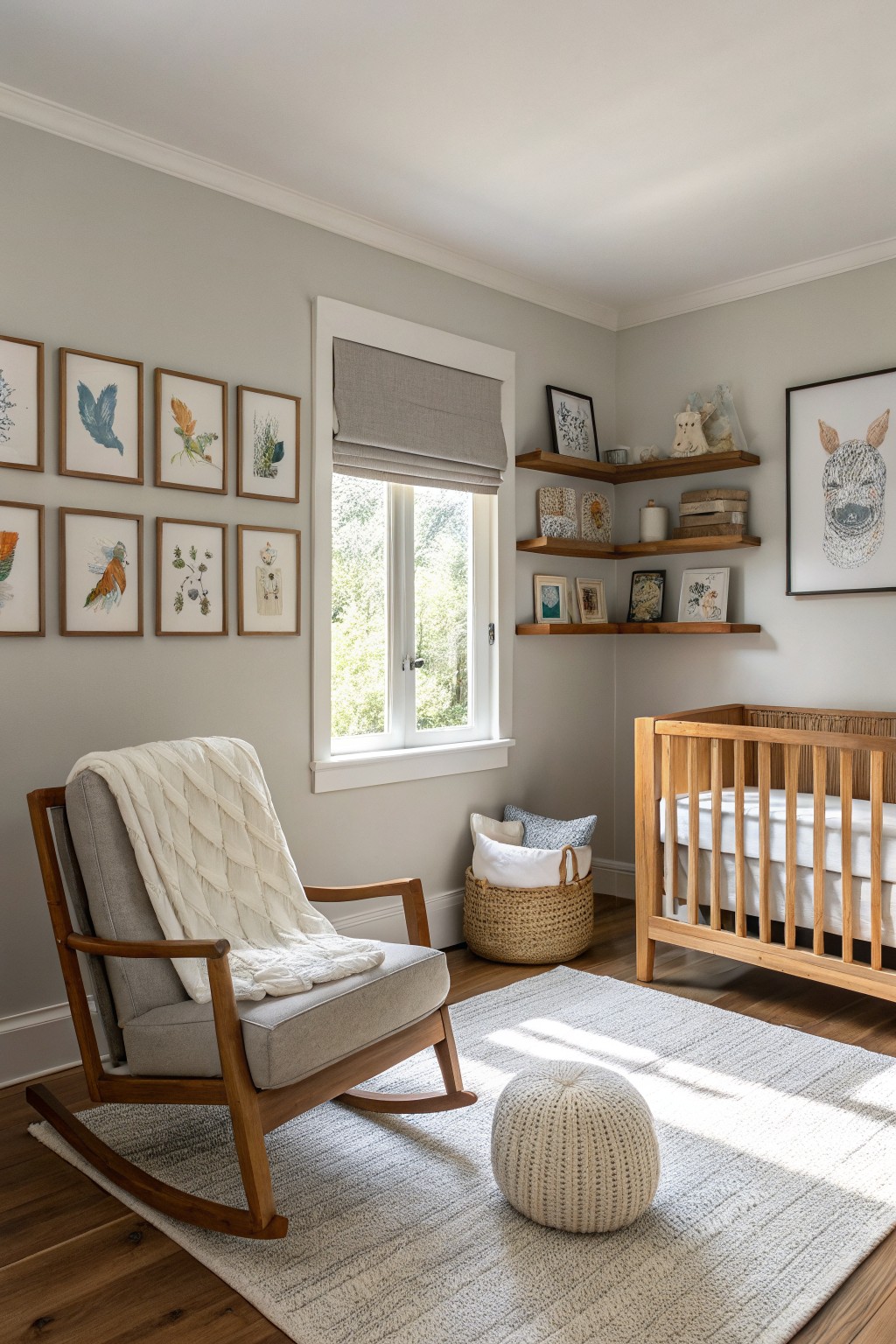 Light greige walls in a cozy nursery with wooden crib, rocking chair, woven basket, and botanical wall art