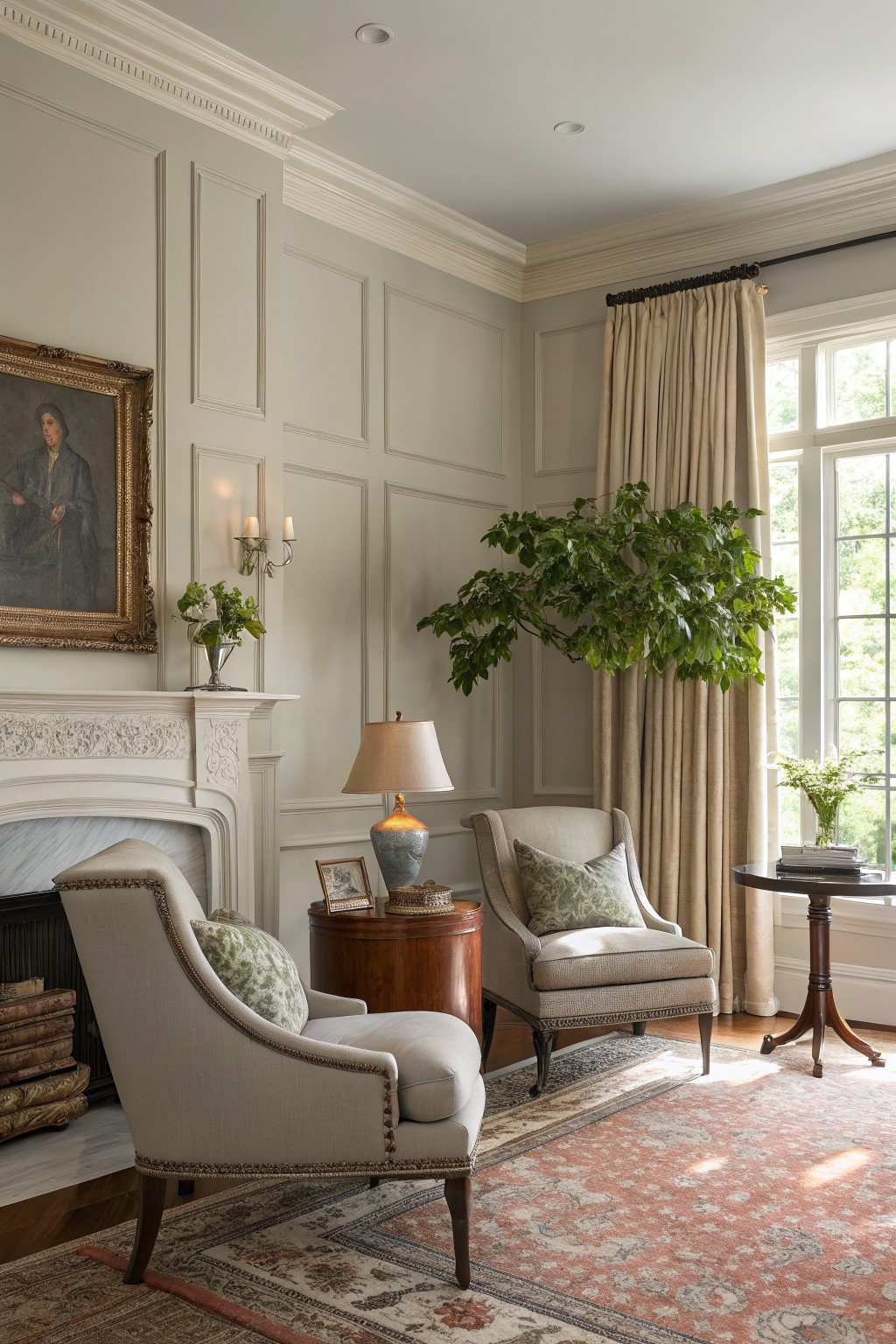 Cozy living room corner with soft greige paneled walls, white fireplace mantel, cream armchairs, wood side table, large potted plant, and beige drapes by a window