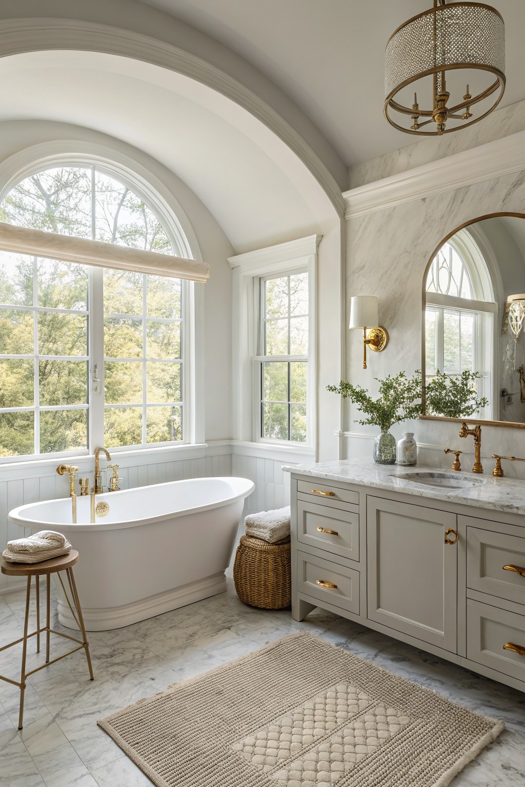 Luxurious bathroom featuring soft greige walls, white freestanding bathtub, marble-topped gray vanity with gold hardware, arched windows with natural light, and woven rug on marble floor
