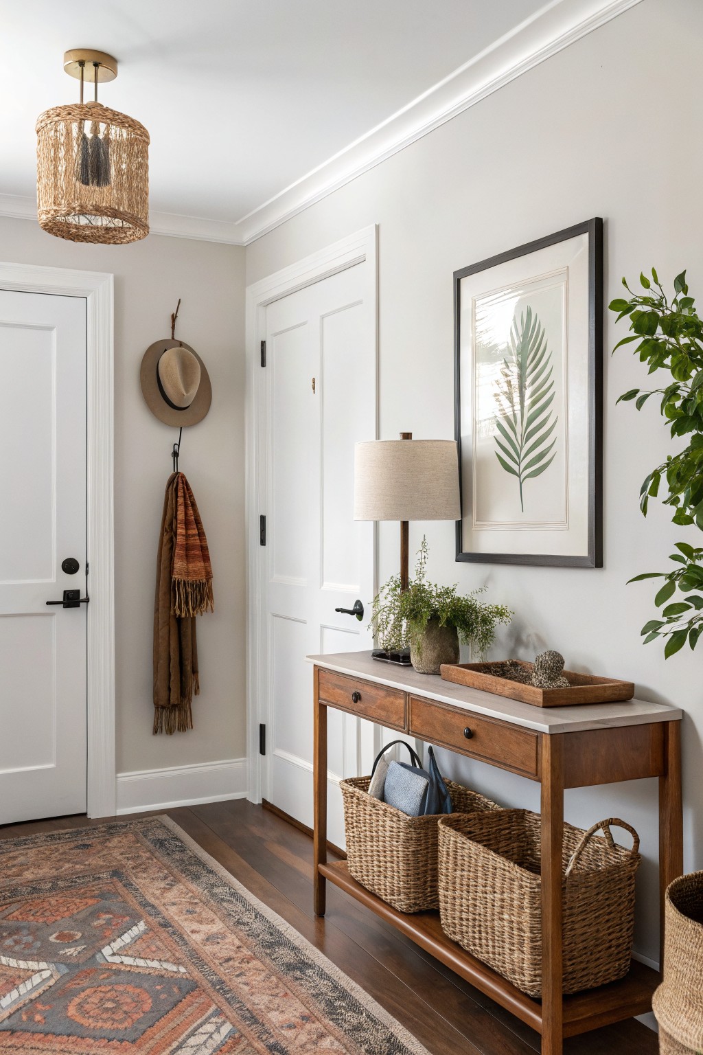 Cozy entryway with soft greige walls, wood console table with seagrass baskets and lamp, rattan pendant light overhead, hat and scarf on wall hooks, palm print art, and warm patterned rug on hardwood floors
