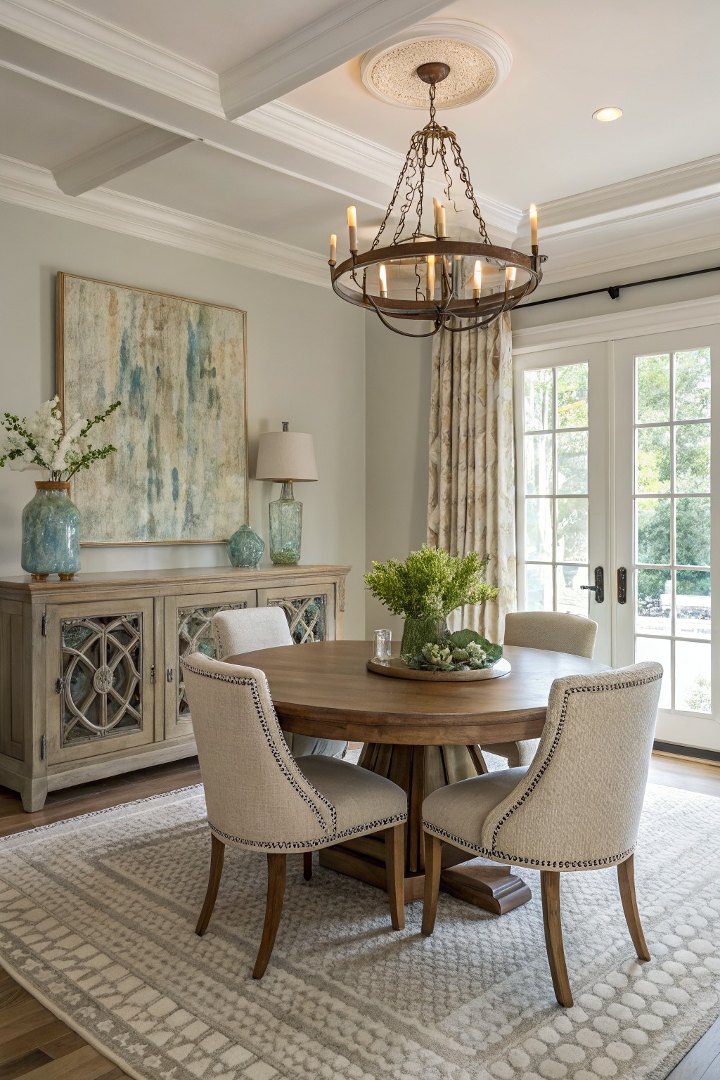 Dining room with soft greige walls, wooden buffet cabinet, round wood table, tufted chairs, chandelier, and French doors to outdoors