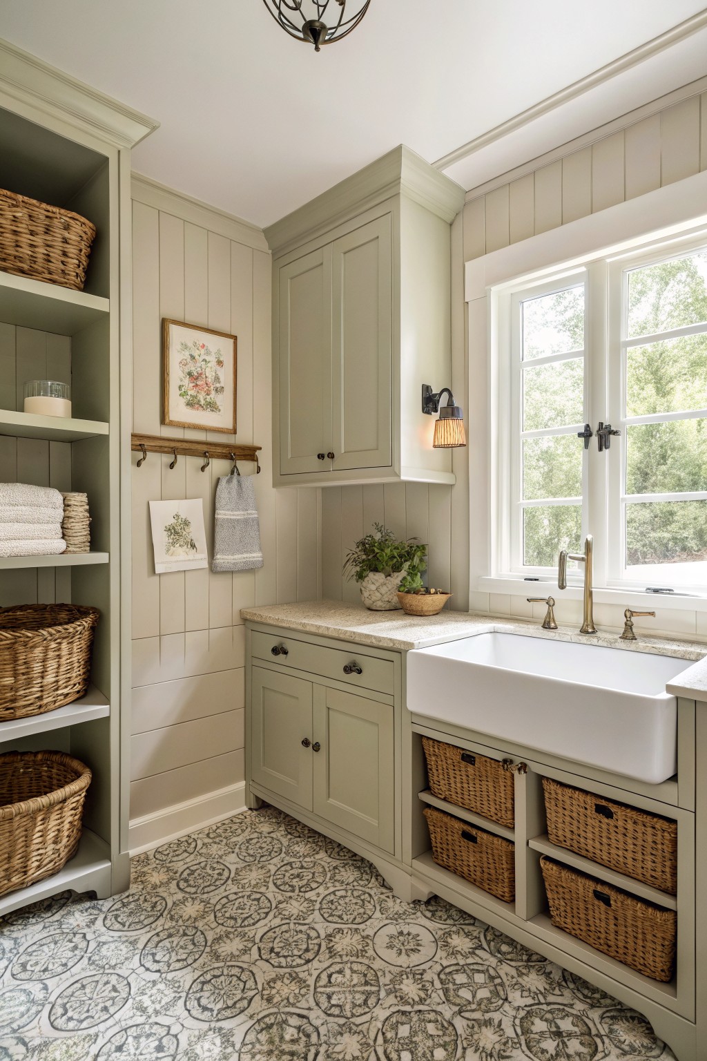Cozy laundry room featuring soft sage green cabinets, light shiplap walls, farmhouse sink, and woven basket storage