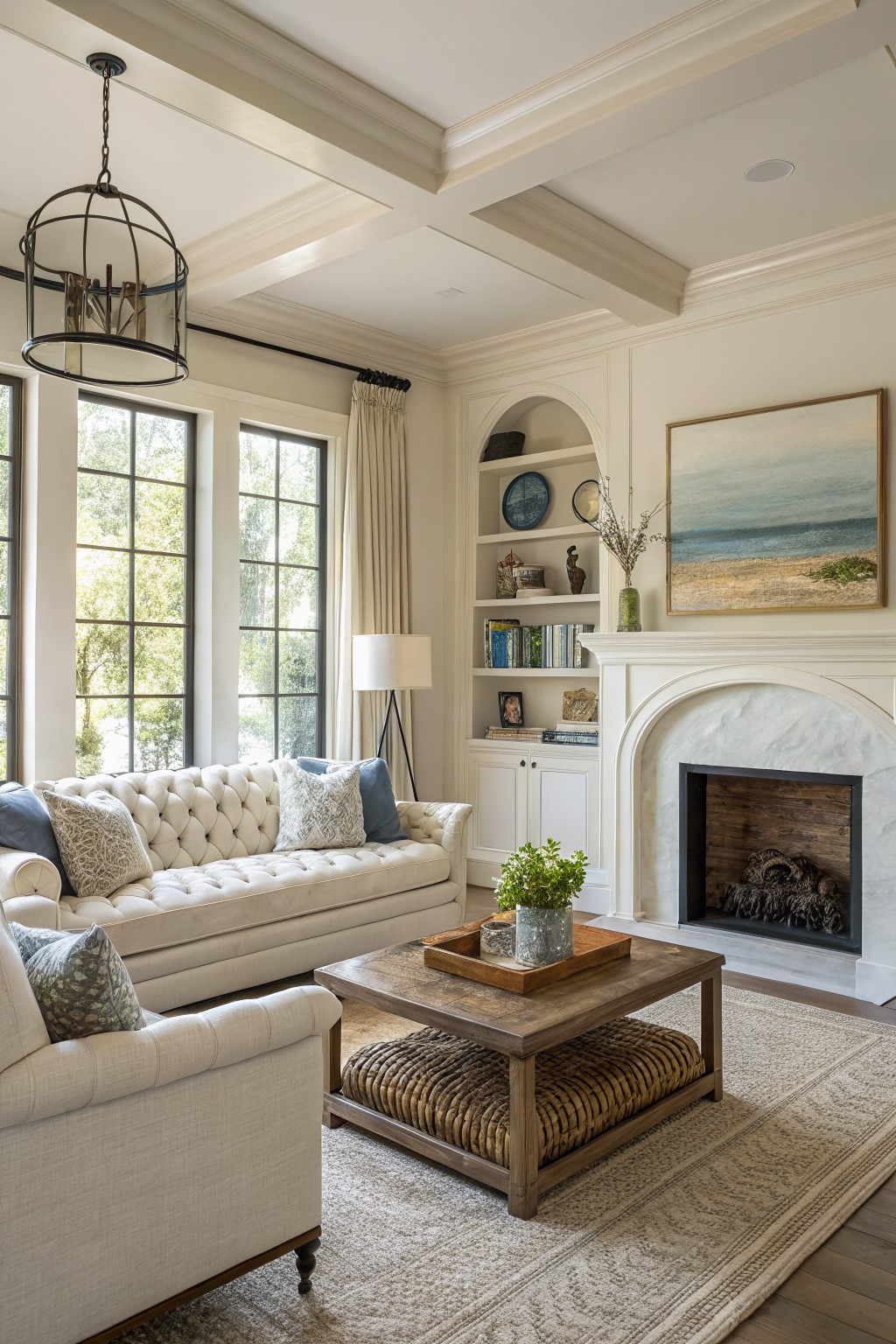 Cozy living room with warm off-white walls, tufted white sofa, marble fireplace, and large windows overlooking trees