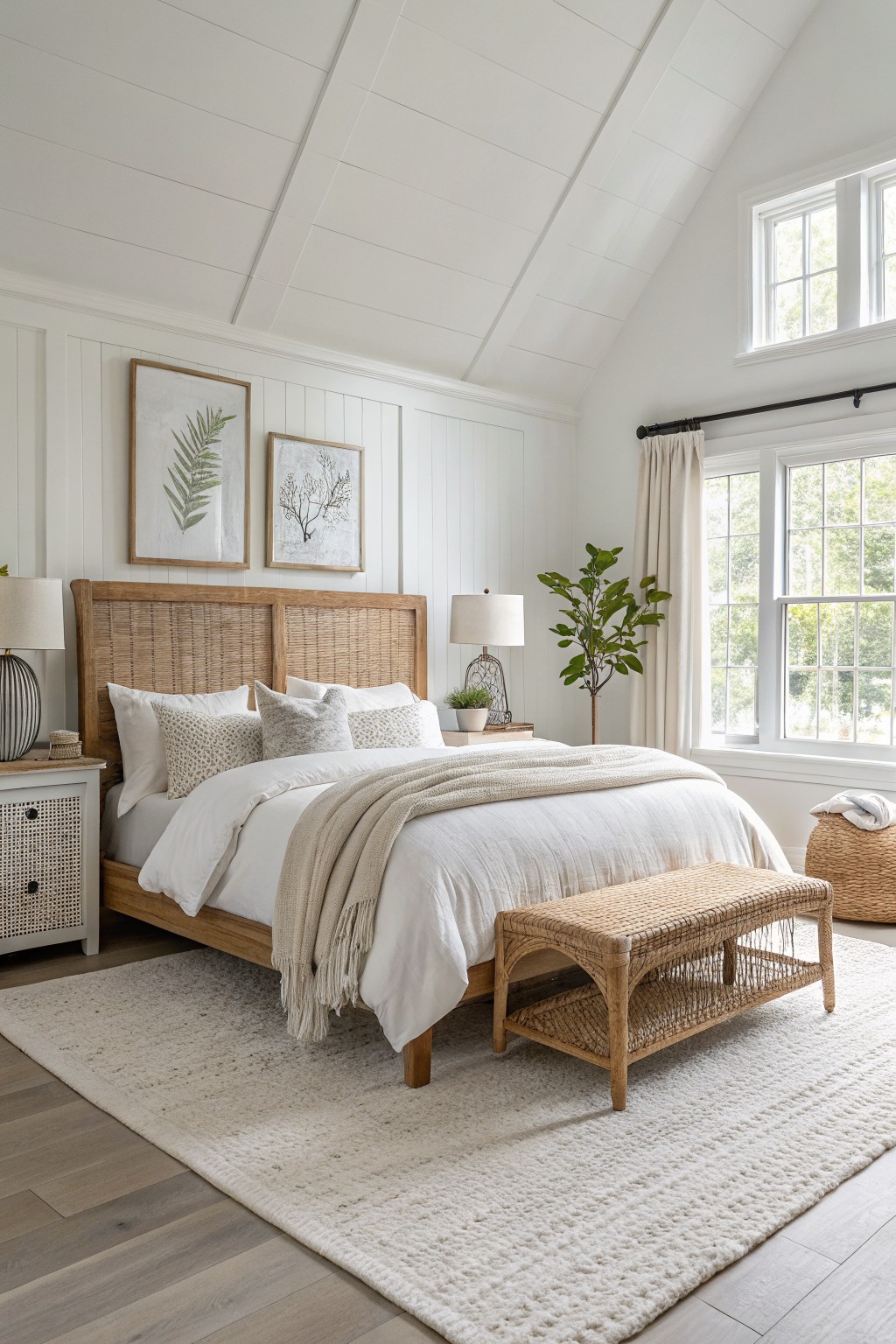 Bedroom with warm white shiplap walls, rattan bed frame, layered white bedding, and woven accents on light wood floors