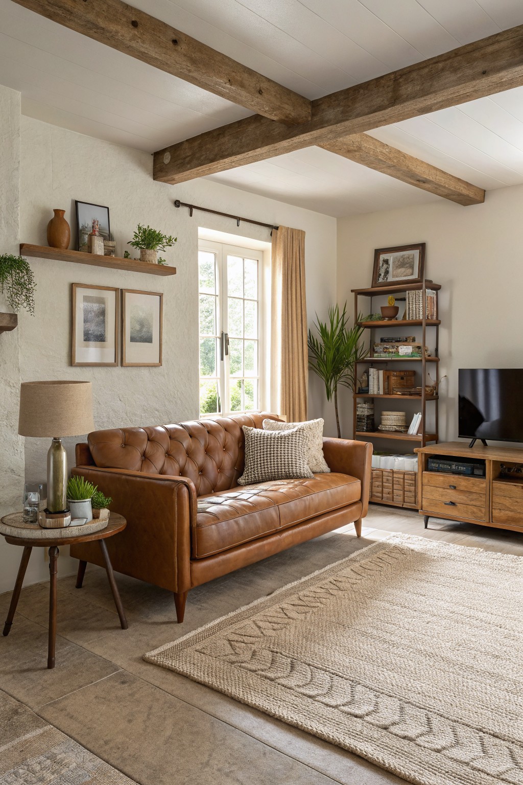 Cozy living room featuring creamy white plaster walls, tan button-tufted leather sofa, wooden beams, and potted plants near large windows