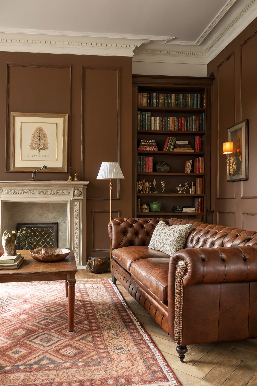 Cozy living room featuring deep warm brown paneled walls, tufted leather sofa, marble fireplace, and wooden bookshelves