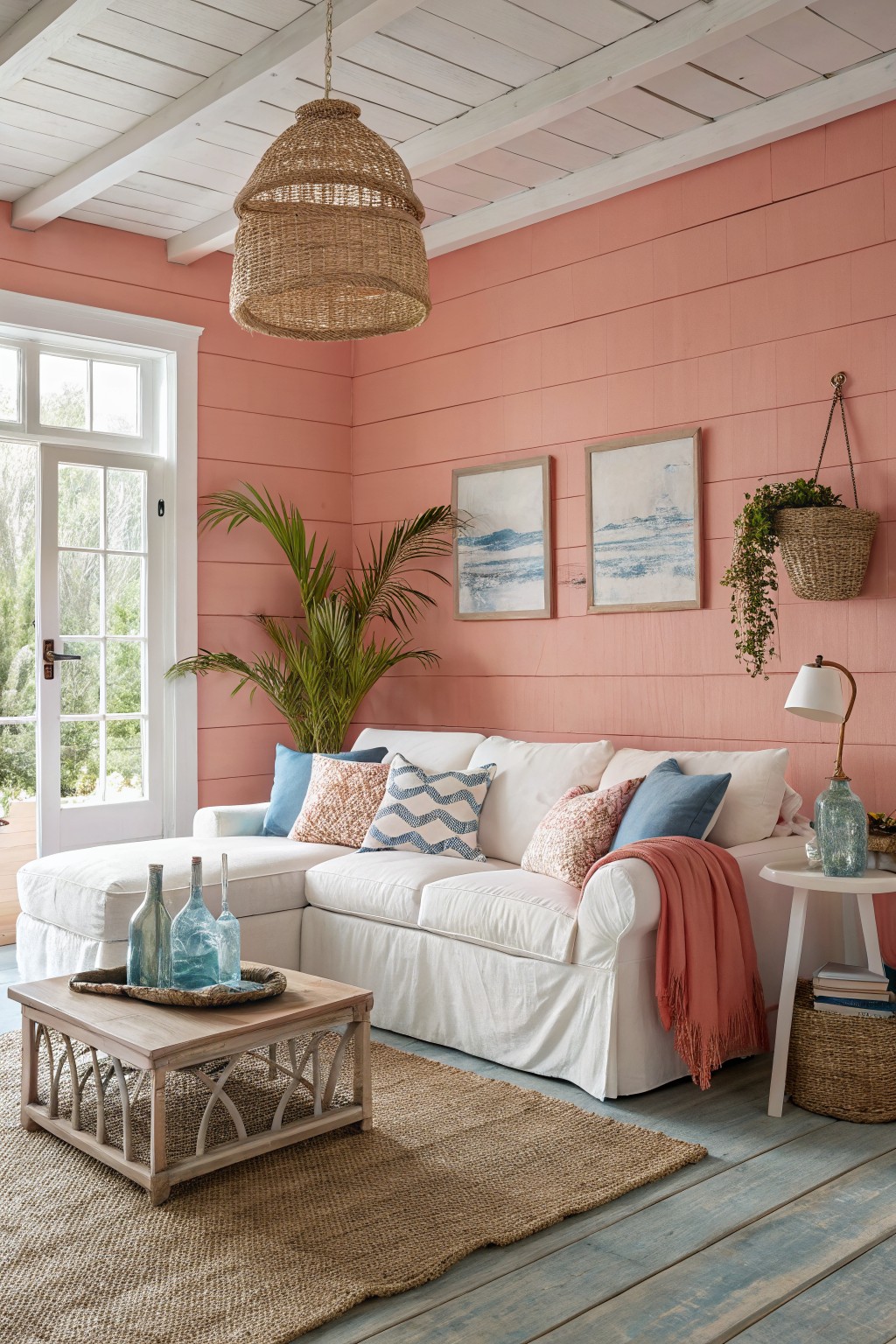 Living room with soft coral pink shiplap walls, white slipcovered sectional sofa, woven pendant light, potted plants, and coastal artwork near large windows