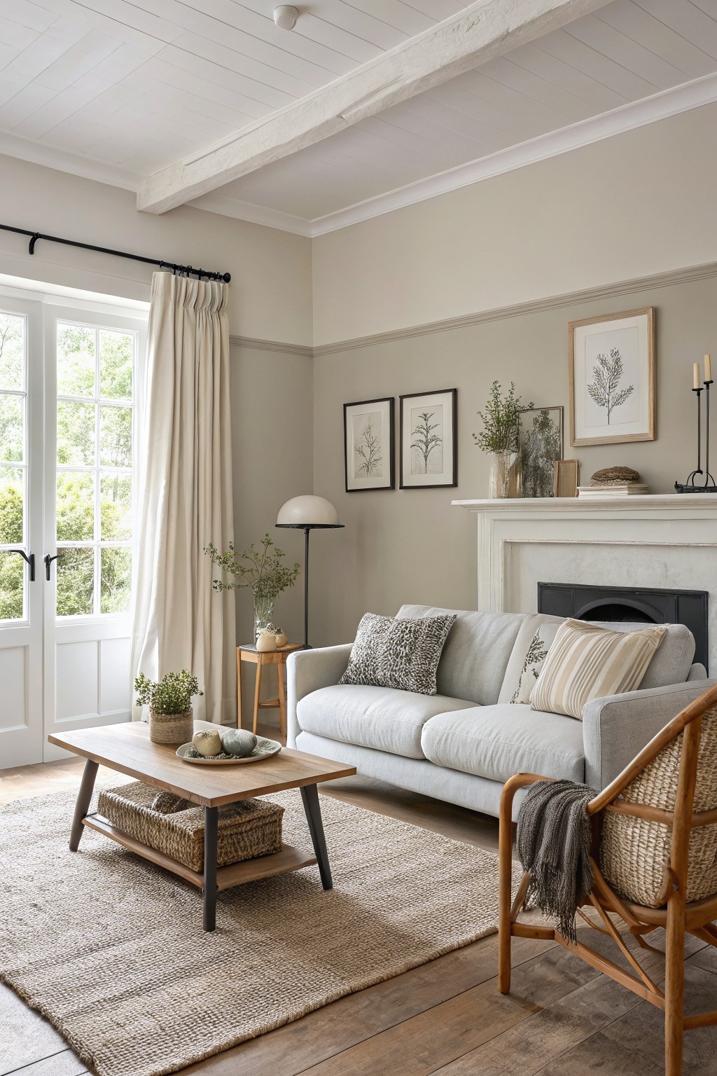 Living room with warm greige walls, white trim and fireplace, gray sofa, wood floors, rattan chair, plants, and large window with cream curtains