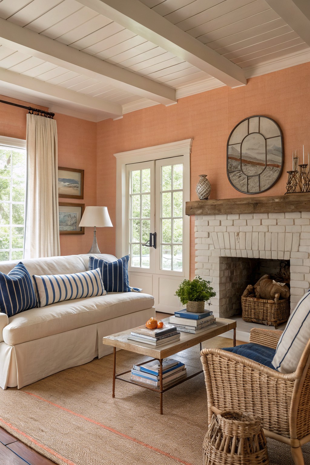 Living room with soft peach walls, white slipcovered sofa with navy pillows, white brick fireplace, wicker chairs, and hardwood floors