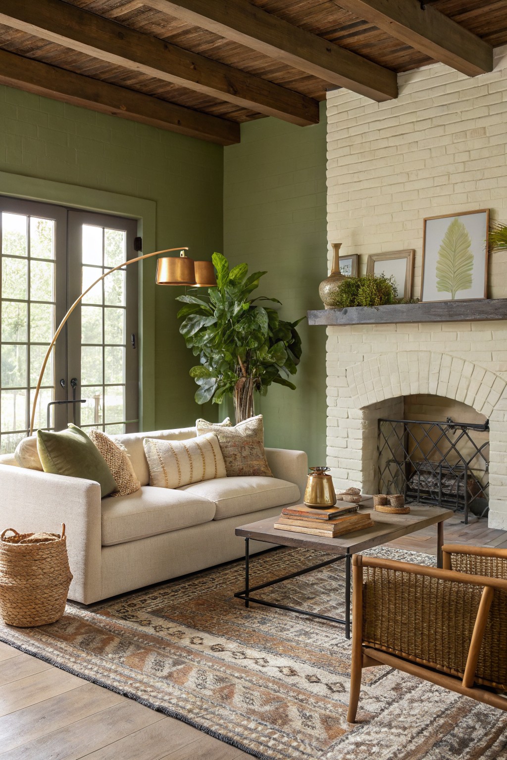 Living room with warm sage green walls beside a white brick fireplace, cream sofa, wood beams, and potted plants