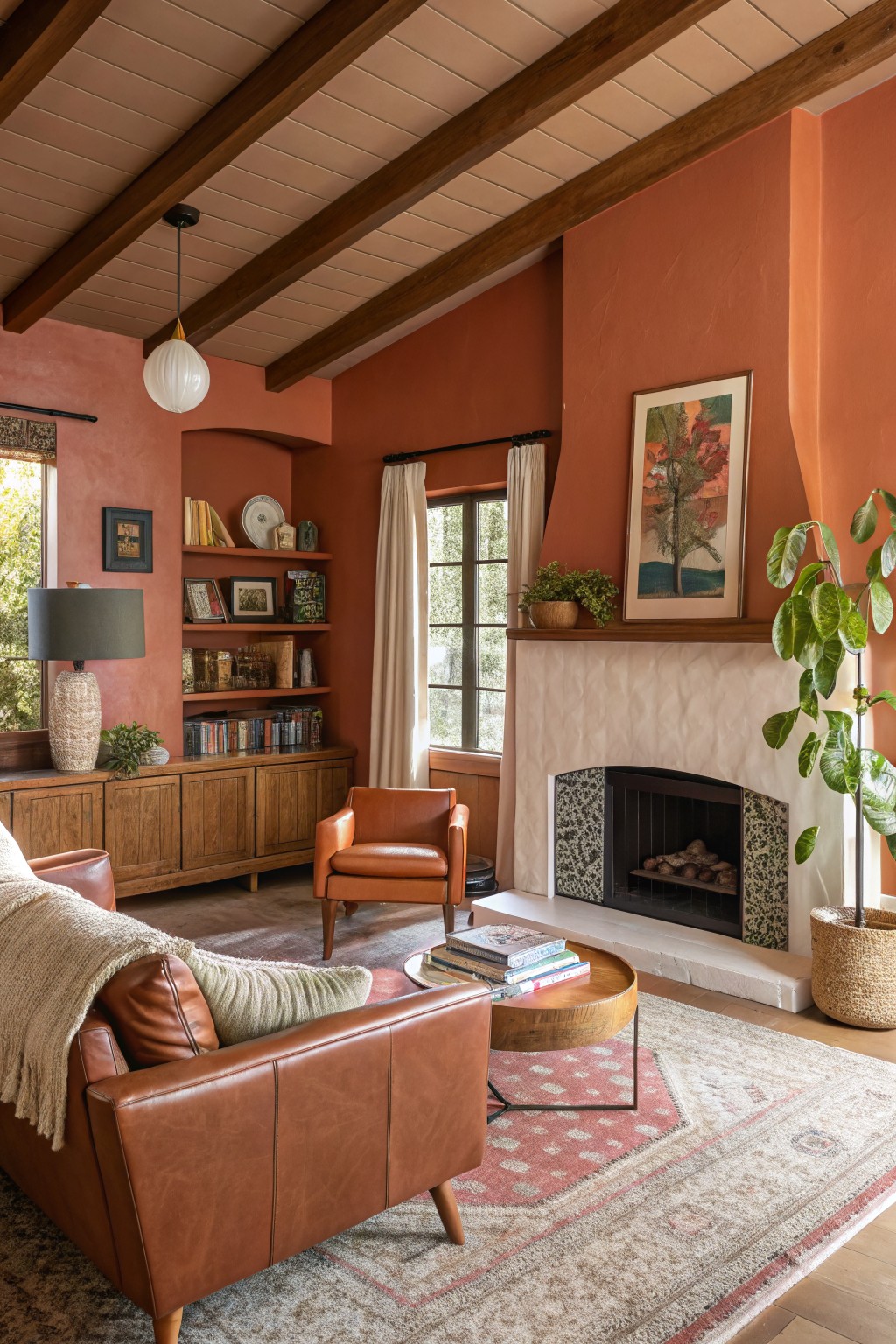 Cozy living room with terracotta-painted walls, exposed wood beams, brown leather sofa and chairs, built-in bookshelves, and white fireplace.