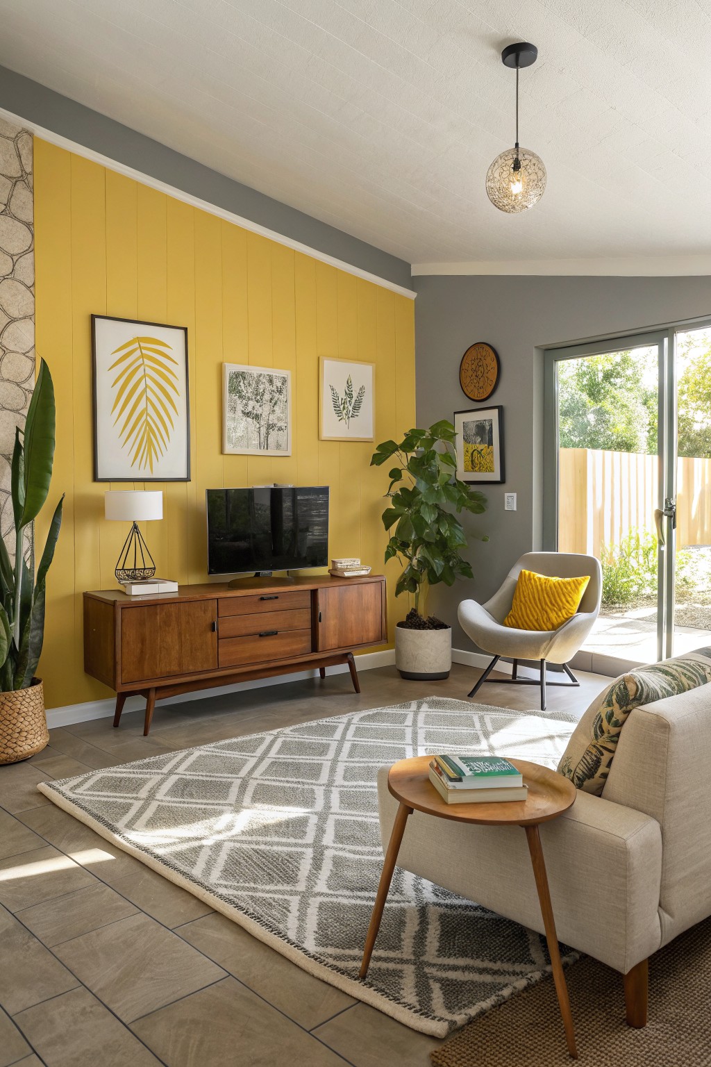 Cozy living room featuring warm mustard yellow paneled accent wall paired with mid-century wood furniture, potted plants, neutral sofa, and sliding doors to outdoors