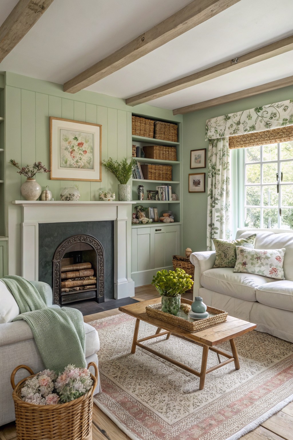 Cozy living room featuring pale sage green paneled walls, wood-beamed ceiling, fireplace with log stack, white sofa with green throw, wooden coffee table, and basket of pink flowers on a patterned rug