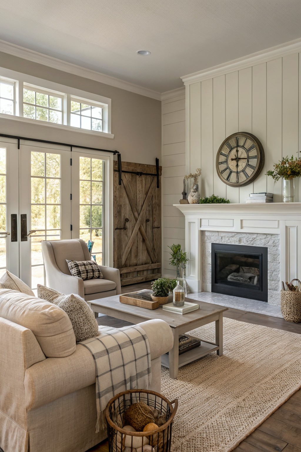 Cozy living room featuring soft greige walls, white shiplap accent, beige sofa, and wood-burning fireplace with natural light from large windows