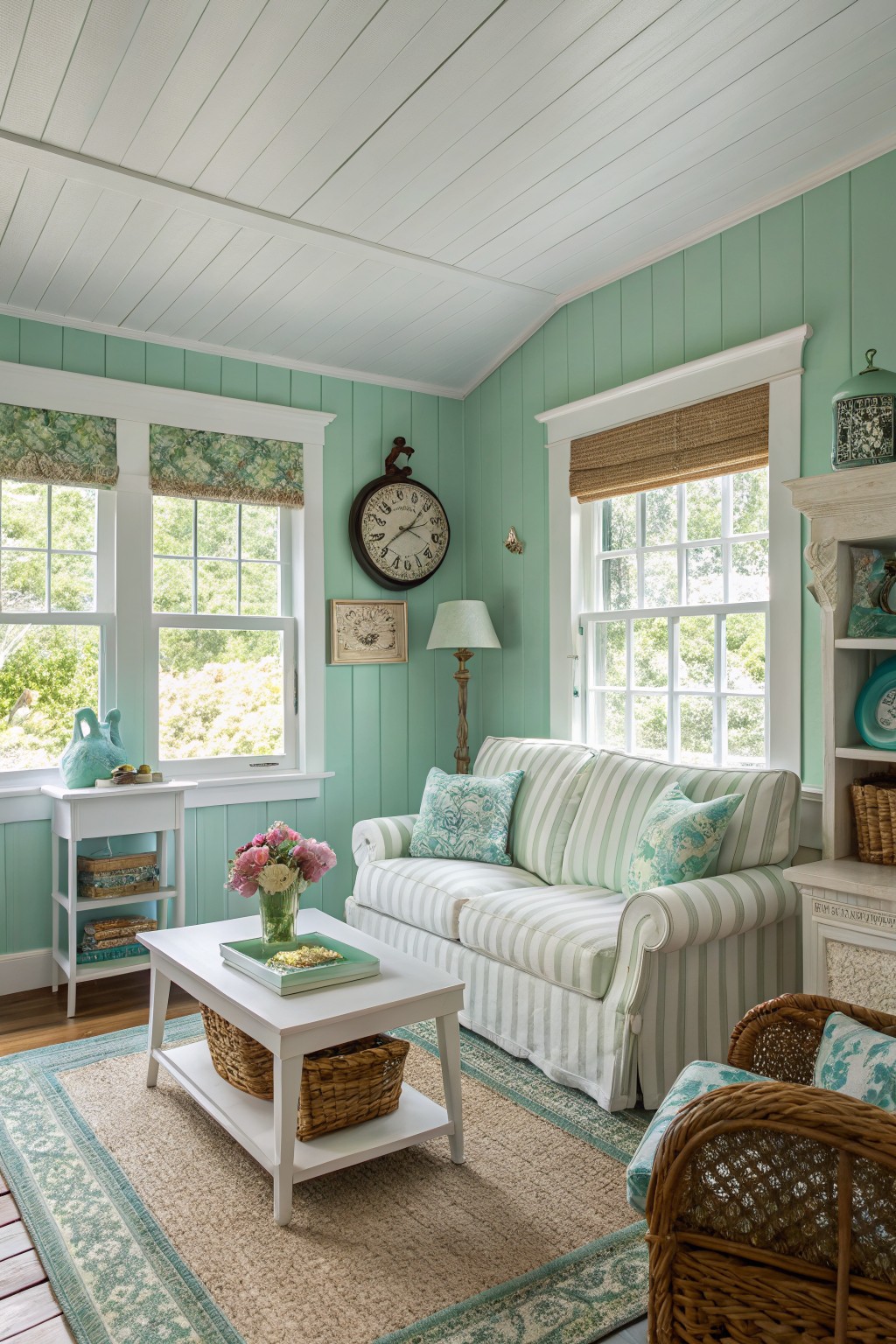 Sunroom with pale mint green shiplap walls, white beadboard ceiling, striped sofa, coffee table with basket, wicker chairs, large multipane windows, and coastal decor accents