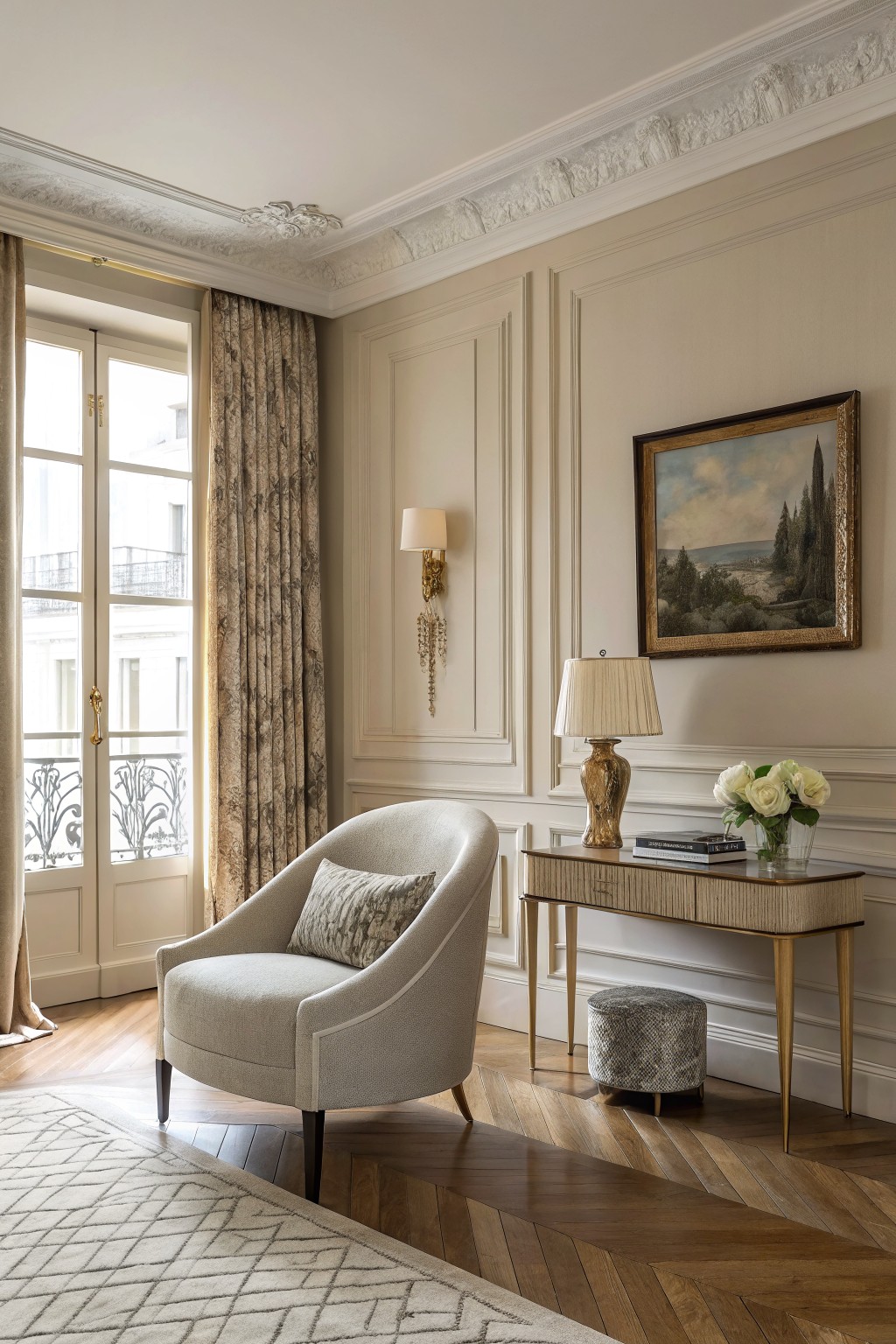 Elegant Parisian living room corner with warm beige paneled walls, a curved armchair, console table with lamp and flowers, French doors with drapes, and herringbone wood floors