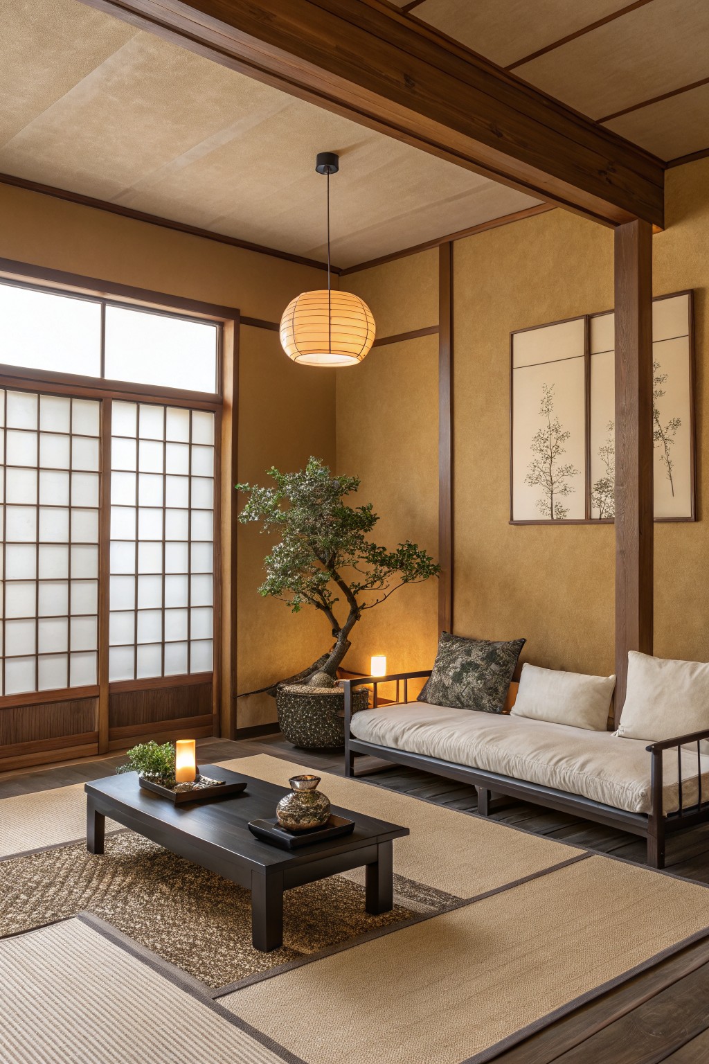 Cozy Japanese-style living room with warm ochre walls, shoji screens, bonsai tree, low daybed, black table, and hanging lantern