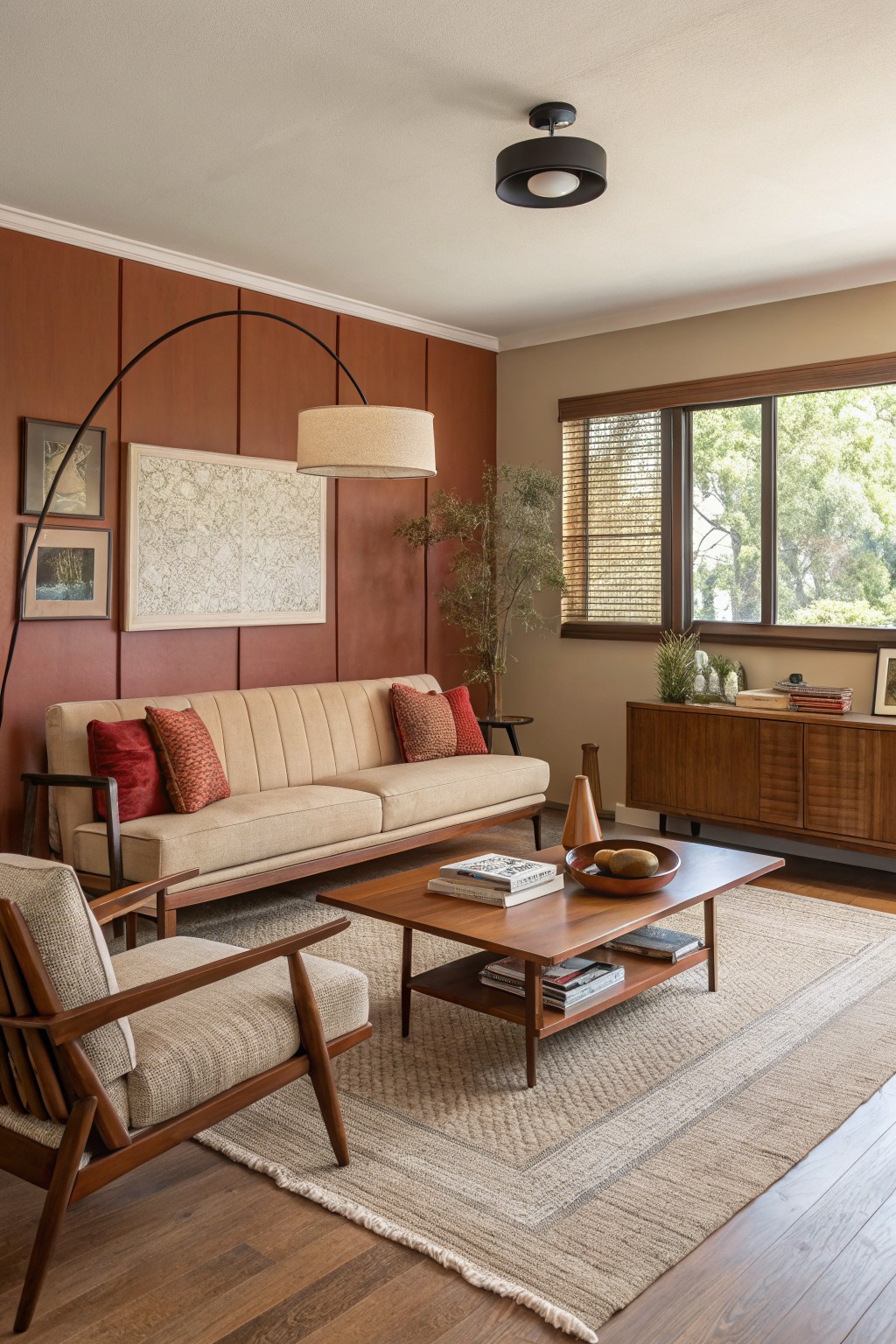 Living room with warm terracotta wood-paneled accent wall, beige sofa, wood furniture, and large windows letting in light