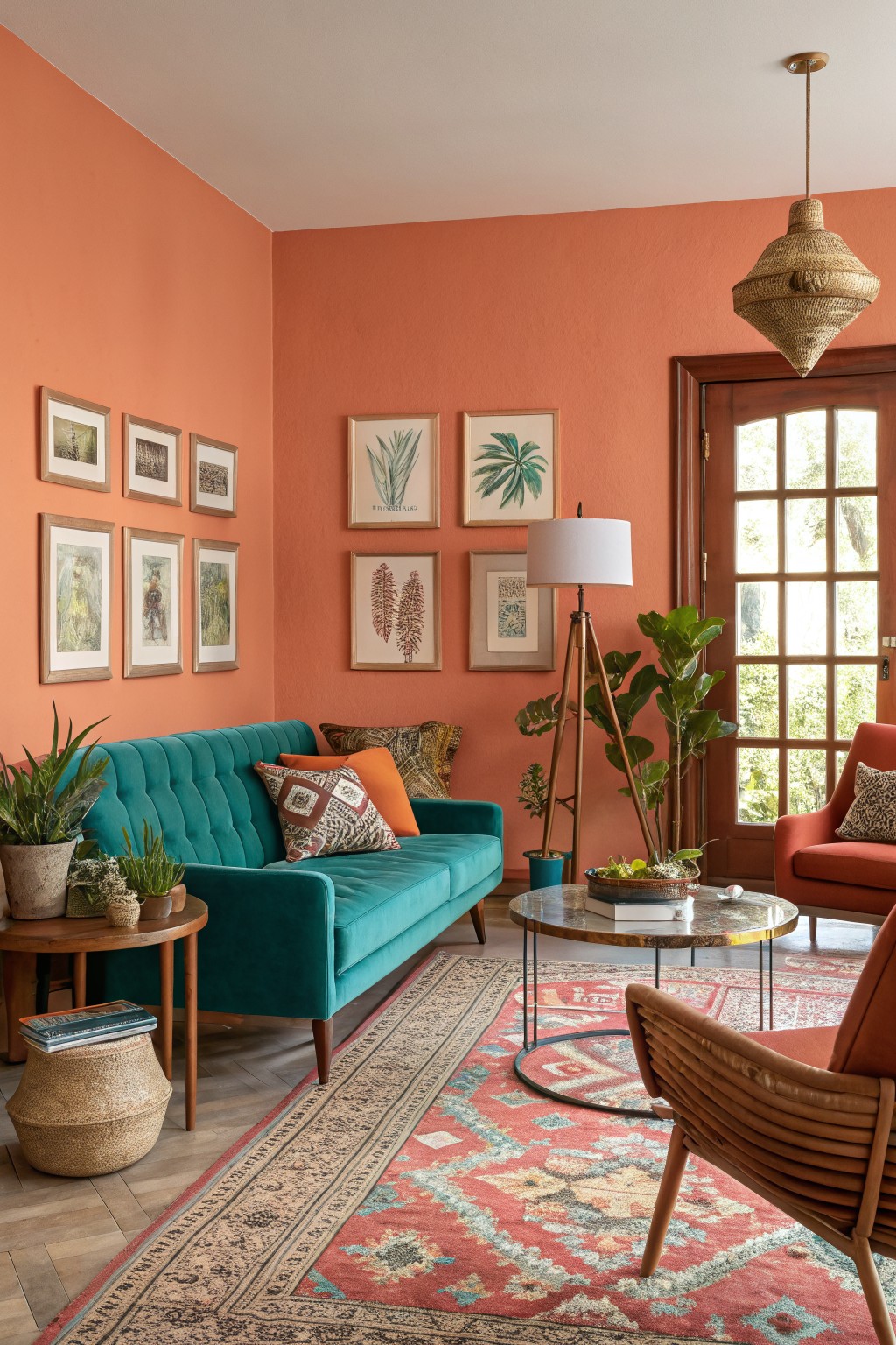 Living room featuring warm terracotta orange walls accented by a teal velvet sofa, wooden coffee table, colorful patterned rug, potted plants, and French doors with greenery outside