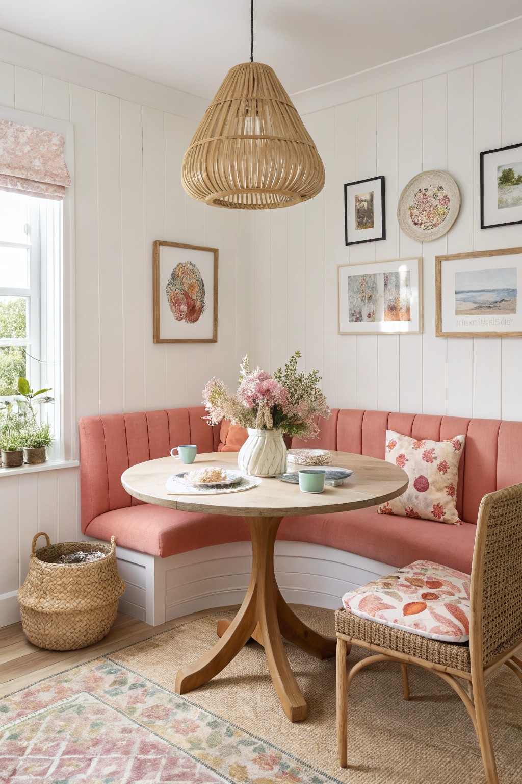Bright breakfast nook with white paneled walls, pink tufted banquette, round wood table set with tea, rattan chair, and woven basket.