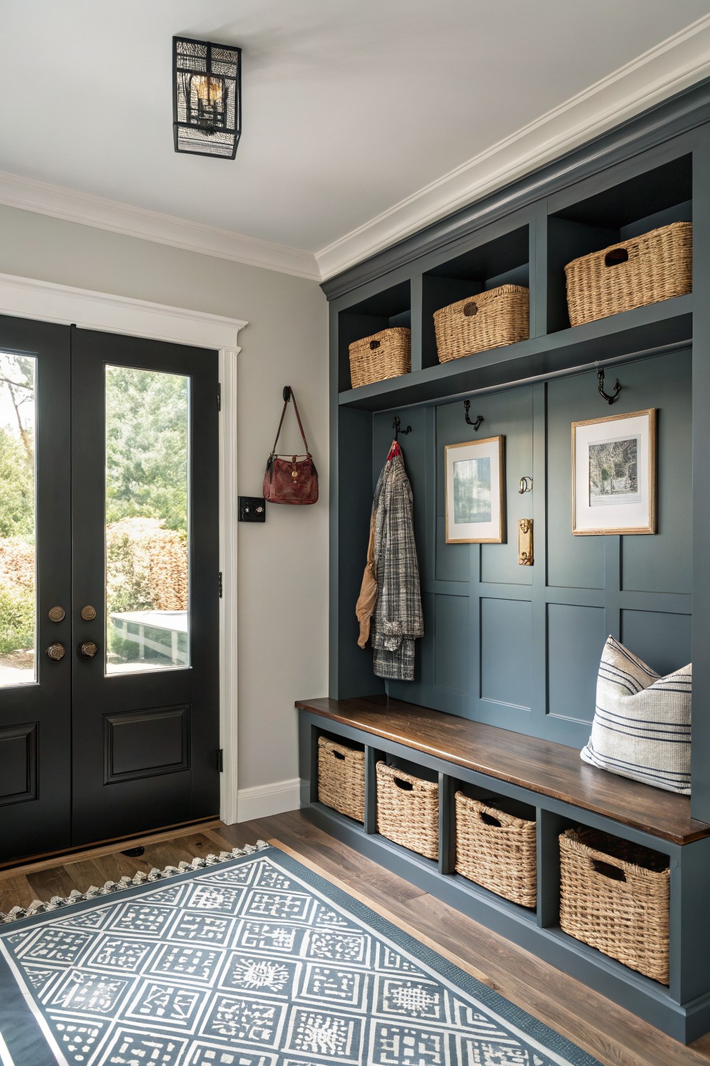 Entryway with deep navy built-in cabinets, wood bench, wicker baskets, coats on hooks, and black front door