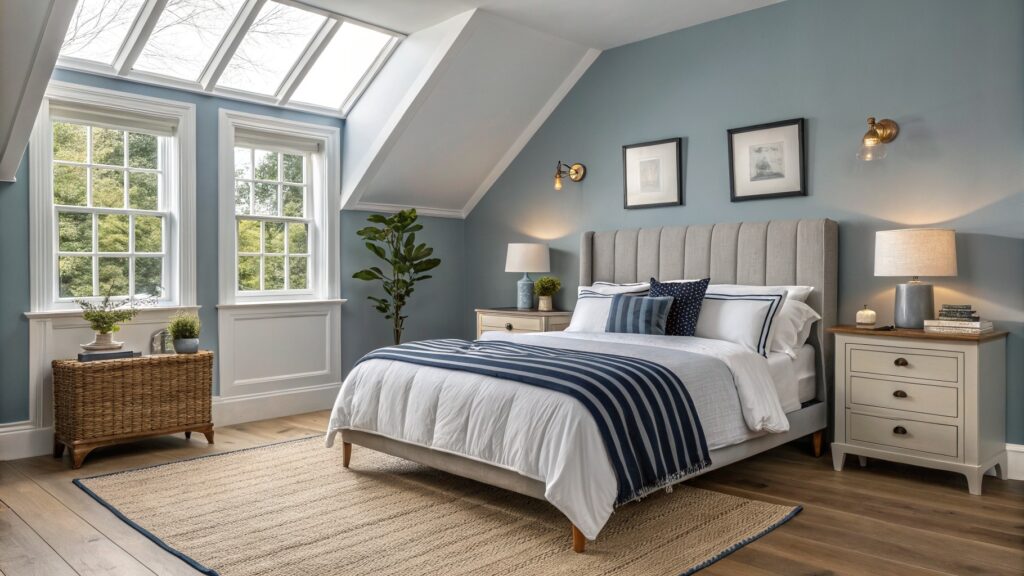 24 Lovely Room Color Design Ideas That Feel Balanced Bedroom with pale blue walls, white shiplap ceiling, beige upholstered bed, wood nightstands, and large windows overlooking trees