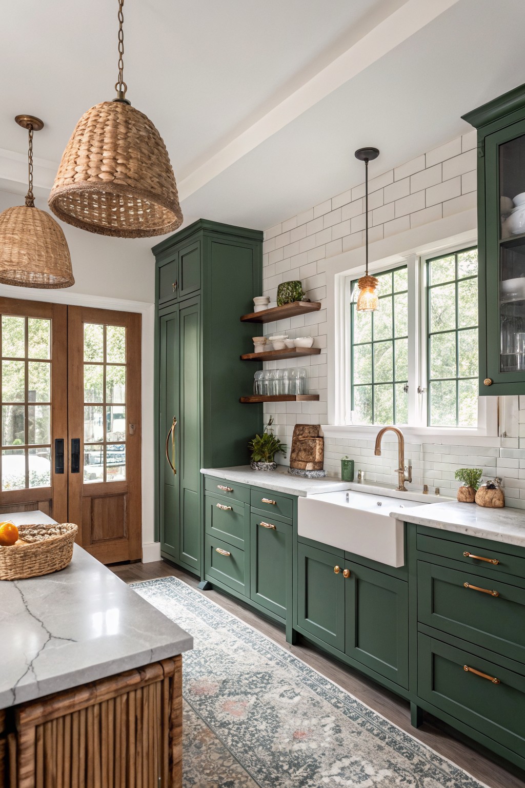 Cozy kitchen with deep hunter green cabinets, white subway tile backsplash, farmhouse sink, brass faucet and pulls, woven pendant lights, wood island, and French doors to yard