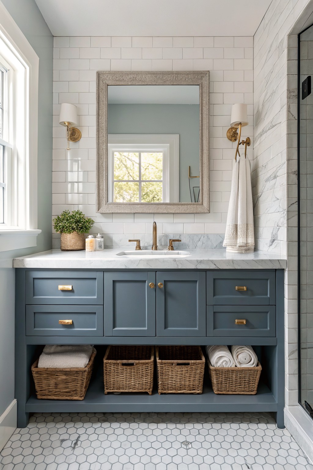 Cozy bathroom featuring deep navy blue cabinets under a white marble countertop, flanked by white subway tile walls and hexagonal floor tiles