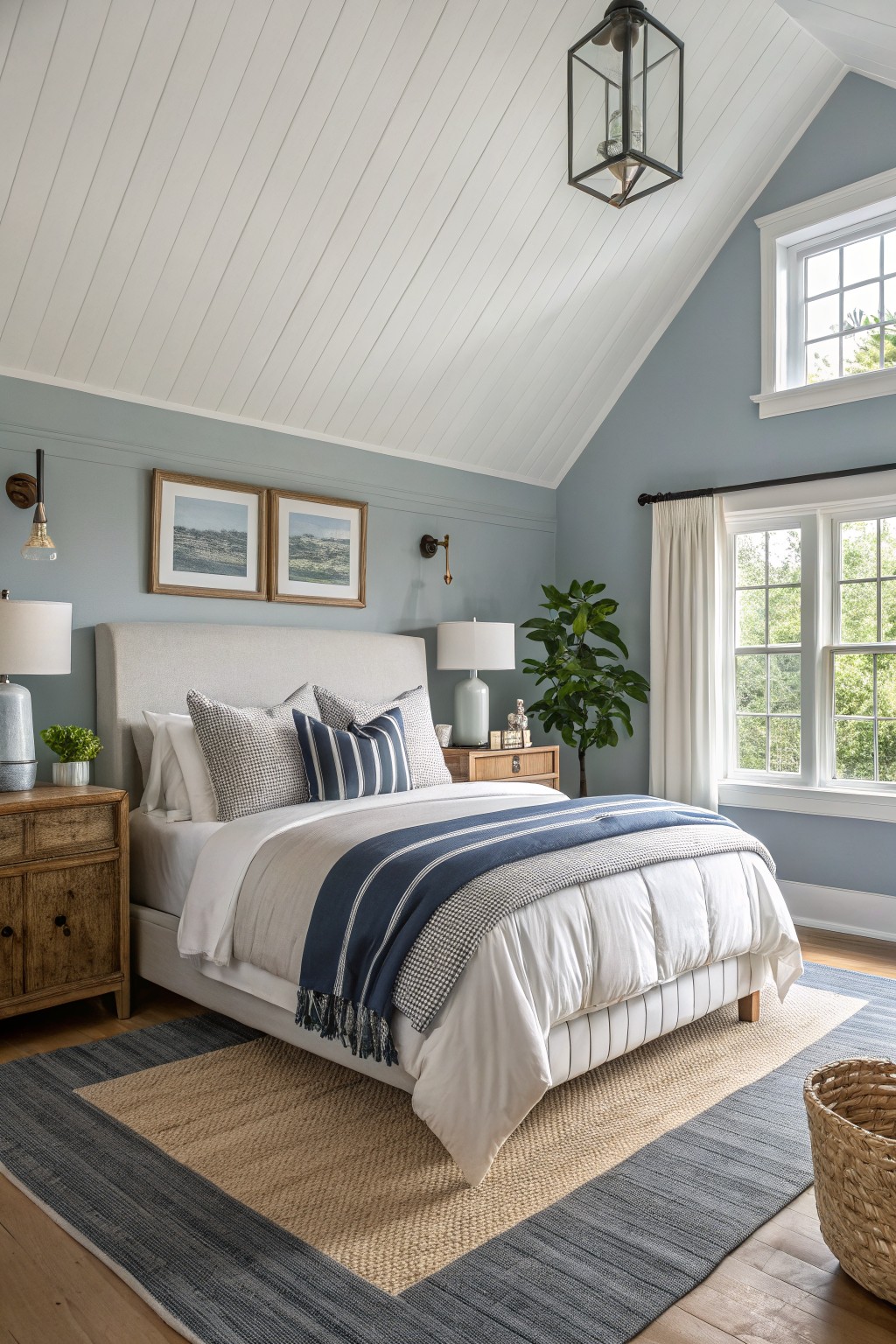 Bedroom with pale blue walls, white shiplap ceiling, beige upholstered bed, wood nightstands, and large windows overlooking trees