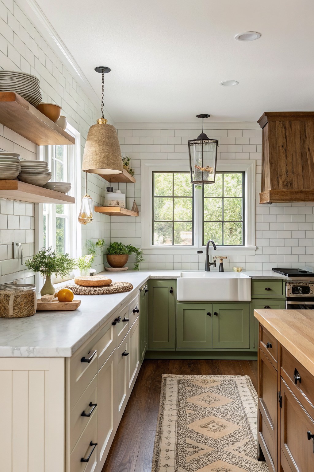Kitchen with sage green lower cabinets, white shaker uppers, marble counters, wood island, subway tile backsplash, and pendant lights over farmhouse sink