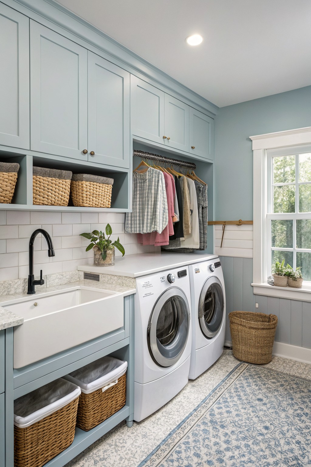 Laundry room with pale blue shaker cabinets, white farmhouse sink, side-by-side washer and dryer, hanging rod with clothes, and wicker storage baskets