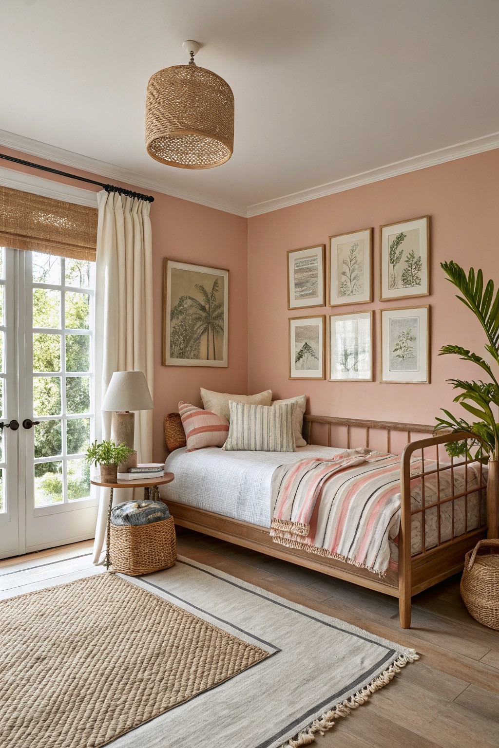 Cozy bedroom nook with soft blush pink walls, wooden daybed with striped blankets, botanical prints, rattan pendant light, and potted plants near French doors