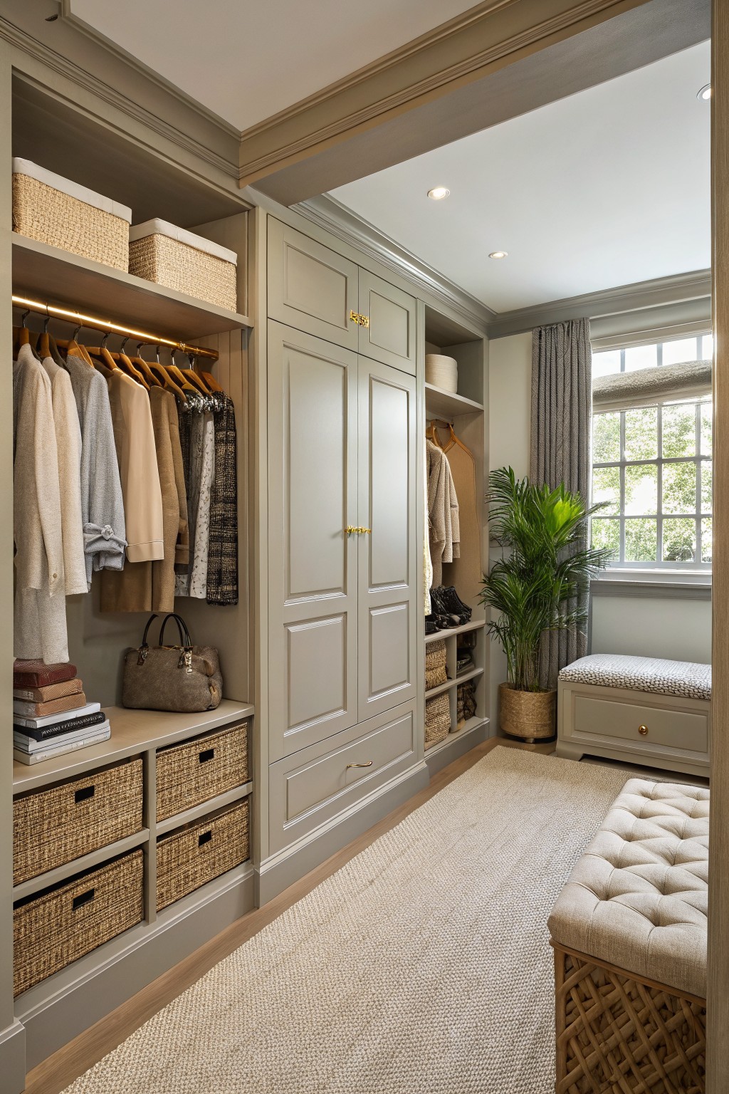 Walk-in closet featuring soft greige cabinets with hanging clothes, wicker baskets, leather handbags, and a potted plant by a window.