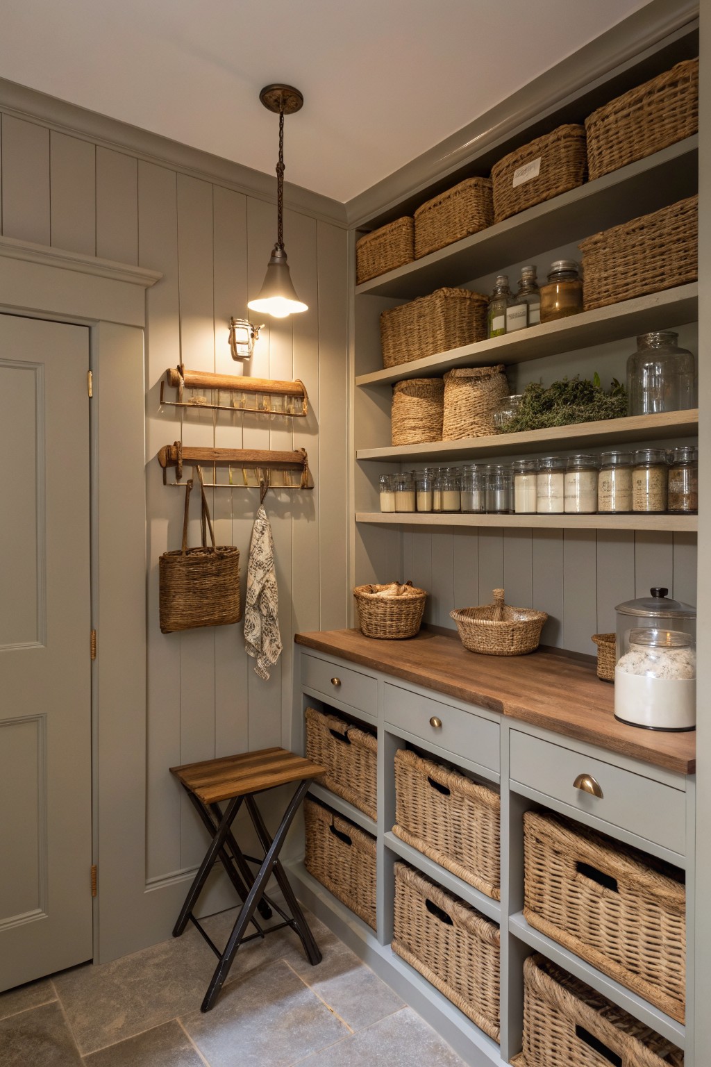 Cozy pantry with soft greige paneled walls, wood countertop, wicker baskets, jars of spices, and a hanging pendant light