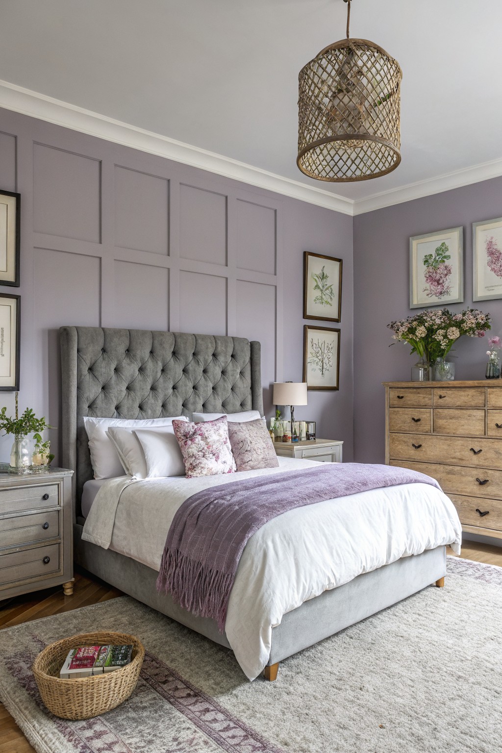 Cozy bedroom with soft lavender paneled walls, gray tufted headboard, oak dresser, rattan pendant light, and purple throw