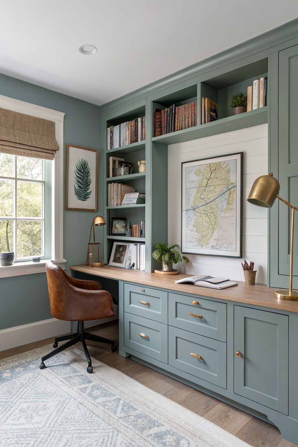 Cozy home office featuring soft teal built-in bookshelves and desk cabinets, paired with a wood-top workspace, tan leather chair, gold lamps, potted plants, and framed map art against light walls.